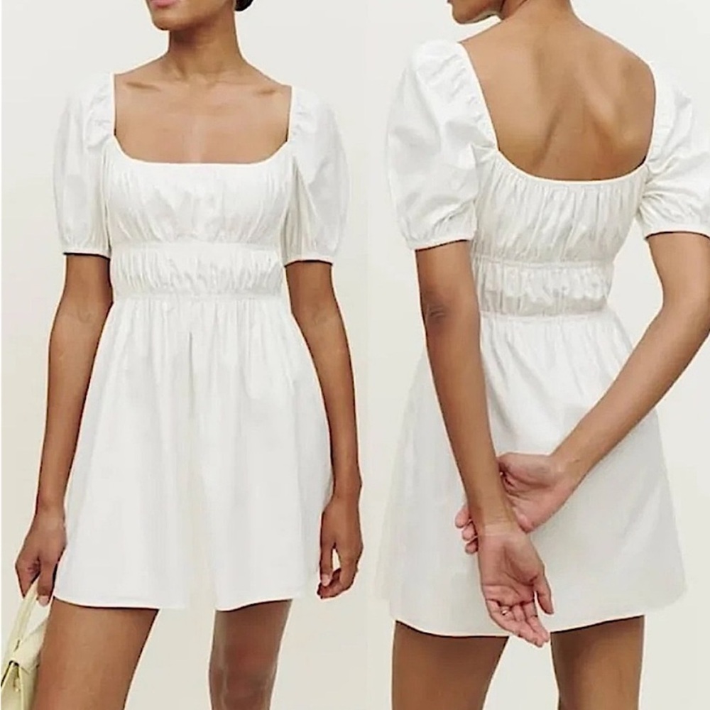 Reformation white mini babydoll puff sleeve square neck dress size XS